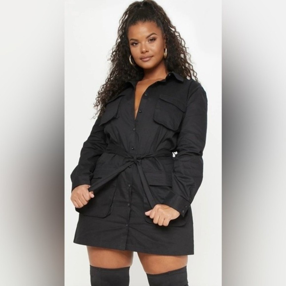 Pretty Little Thing (PLT) Plus Black Utility Shirt Dress, Size XL